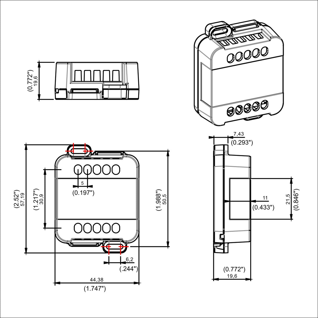 Configurable Push Button Input Module for Casambi ~ Model CBU-8PUSH dimensions drawing