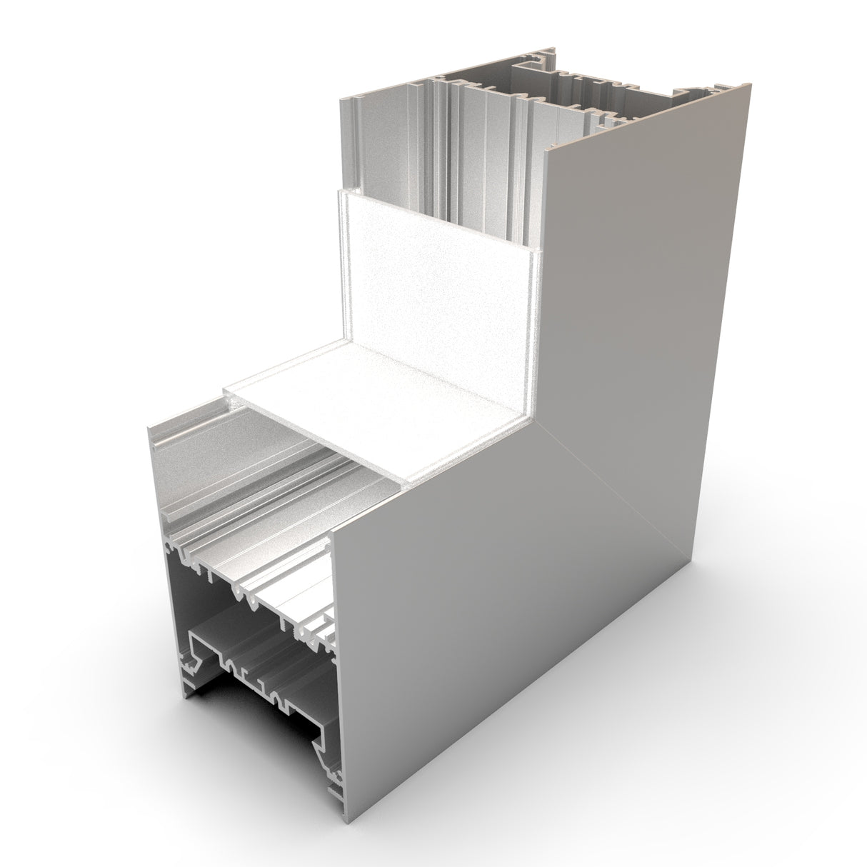 3D rendering of a cross-section showing the 90 Degree Connector for DPL70FL Profile, detailing multiple chambers and grooves designed for insulation, structural support, component fitting, and seamless corner integration.
