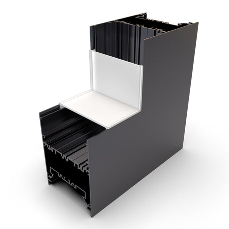 A 3D-rendered cutaway of a black aluminum 90 Degree Connector for DPL70FL Profile, showing internal layers, insulation materials, and an integrated LED channel in cross-section.