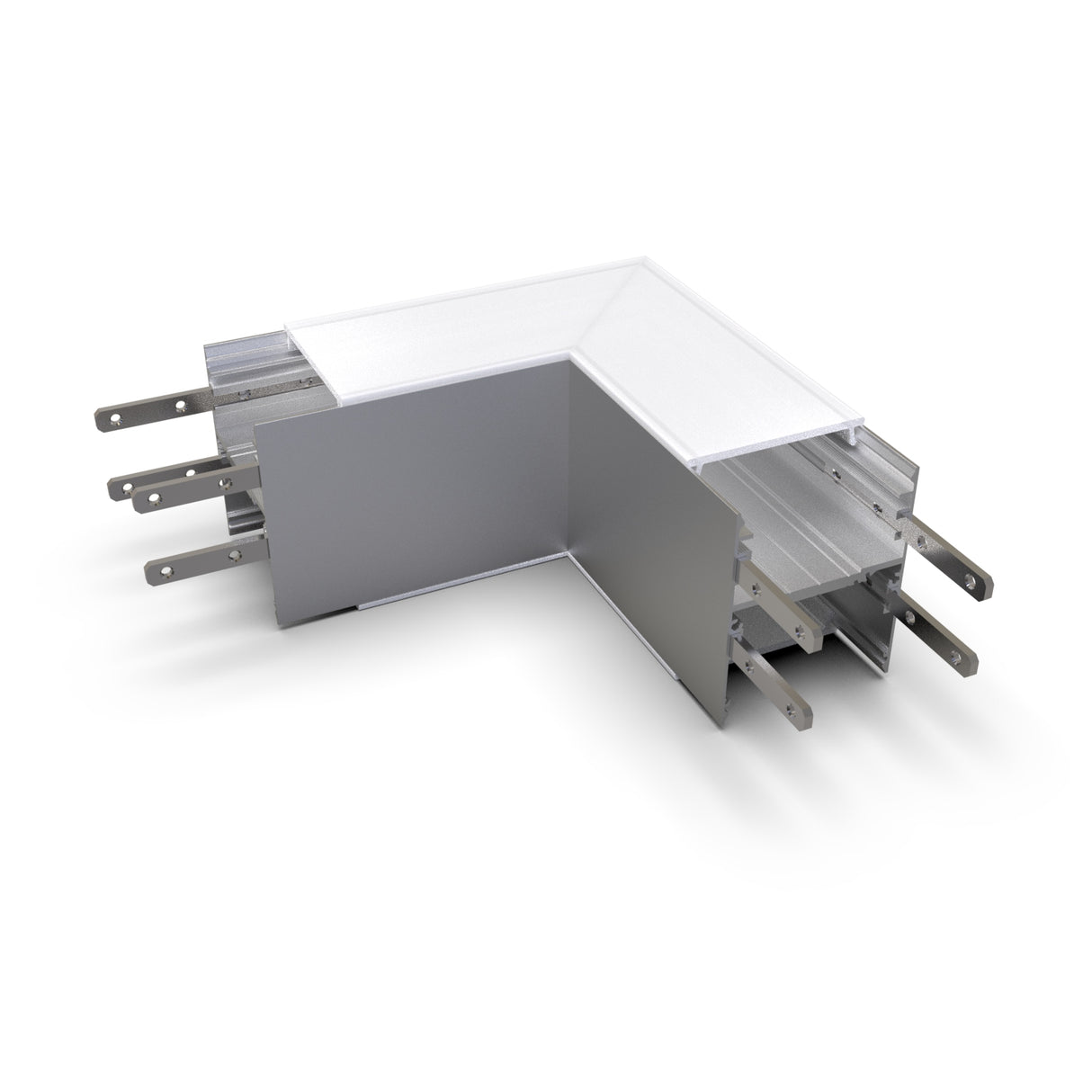 The 90 Degree Connector for DPL55-FL Profile is a metallic L-shaped piece with multiple flat metal tabs on both ends, designed to join sections of a system or LED channel corner, displayed against a white background.