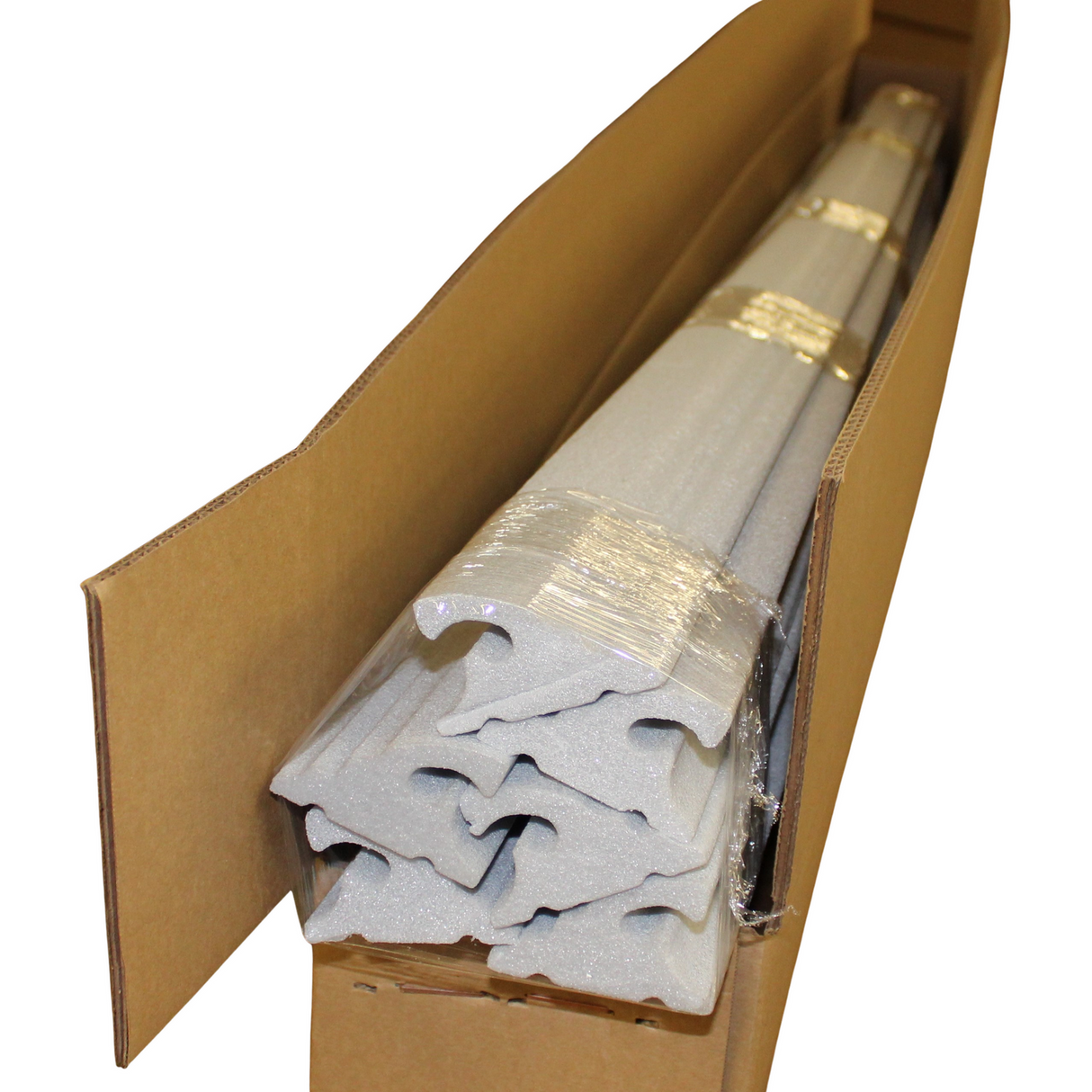 Several pieces of LED Foam CoveLight Molding (Model Cornice CoveLight) in gray are stacked and wrapped in plastic inside a partially open brown cardboard box.