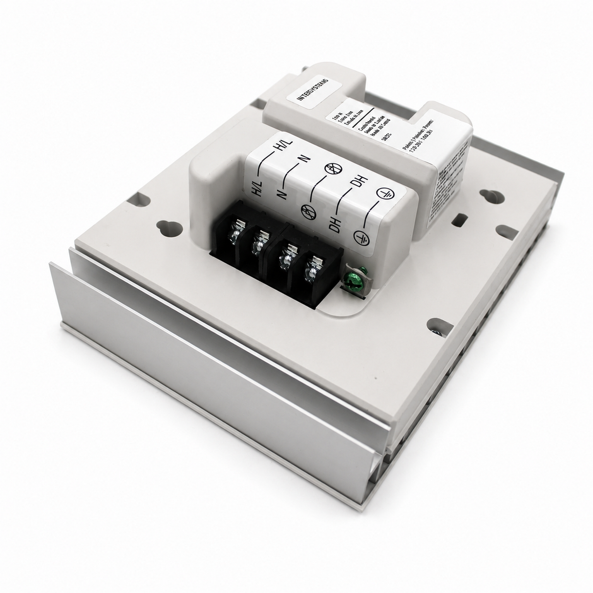 A Single-Zone Dimming Interface Lutron Phase-Adaptive Power Module, model PHPM-PA-120-WH, designed for controlling a 120 V lighting load or compatible LED dimmer, featuring labeled connection terminals and wiring instructions, is housed in a rectangular metal and plastic casing and photographed on a white background.