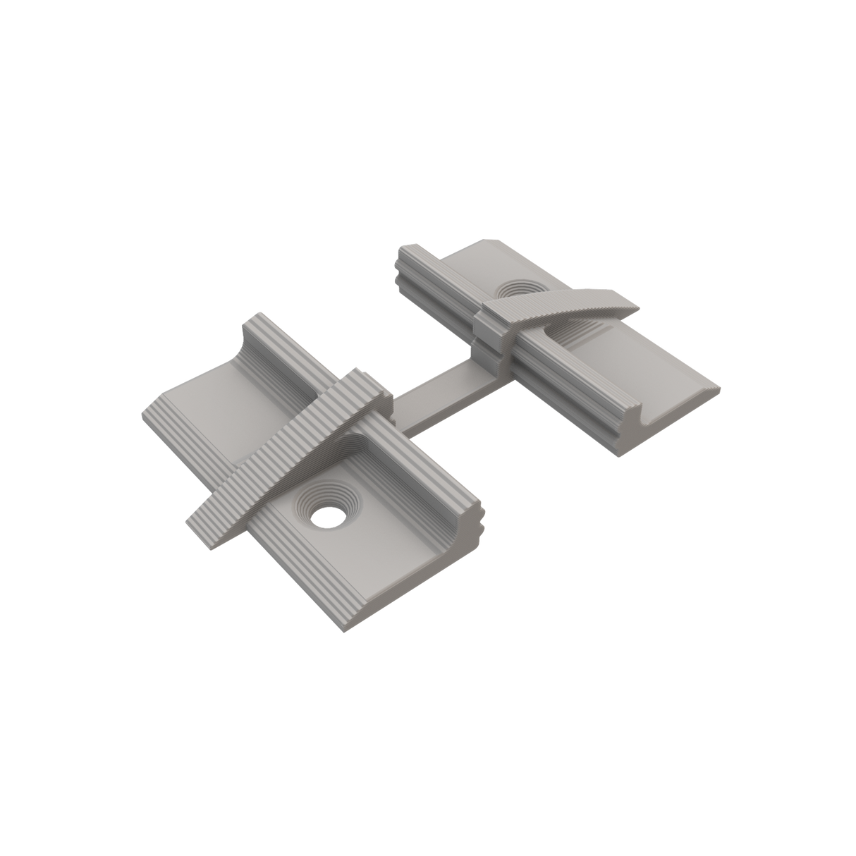 A 3D-rendered image of a Plastic Straight Connector for Alu-Flat Profile, featuring two rectangular bases joined by a narrow strip, with each base having grooves and a central hole for fastening.