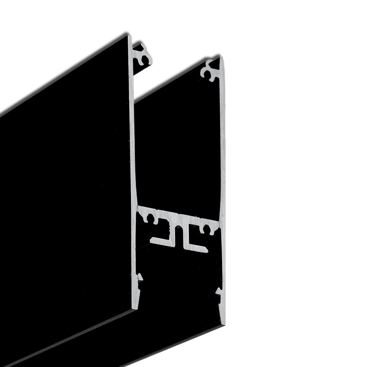 Close-up of a 1″ Suspended/Surface Mount LED Channel (Model Pixy20-02) in black aluminum, featuring grooves and ridges—isolated on a white background and ideal for use as a surface-mounted LED profile.