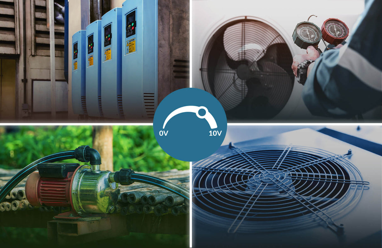 A collage of HVAC equipment—control panels, a technician with gauges near a fan, an electric pump, and a metal fan grill—features the Smart WiFi 2-Channel 0-10V Controller (Model dacBoxD DC) dial icon at the center.