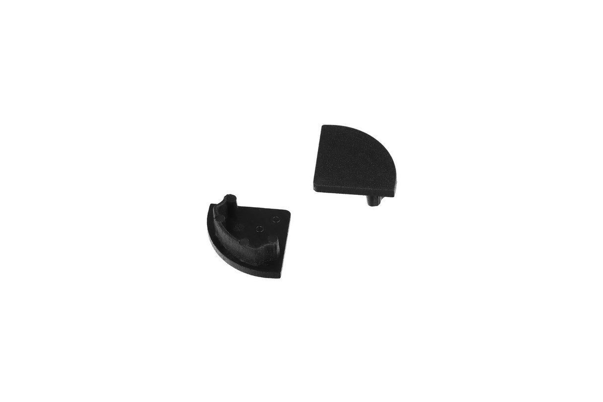 Pair of small black plastic End Caps for D1 Click Cover with pegs, spaced apart on a white background—perfect for finishing LED channels.