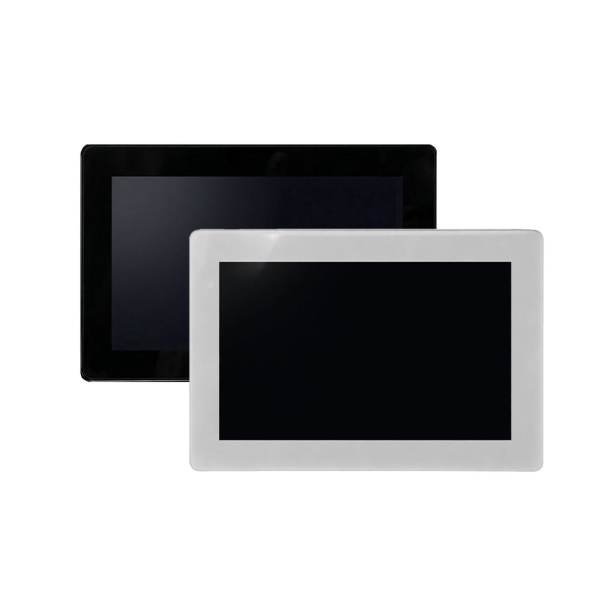 Two blank rectangular 5″ Wi-Fi Touchscreen Smart Home Control Panel ~ controlPanelM by Blebox screens—one with a black frame and one with a white frame—overlap on a plain white background. These sleek devices are designed as modern touchscreen panels for smart home control or other centralized control systems.