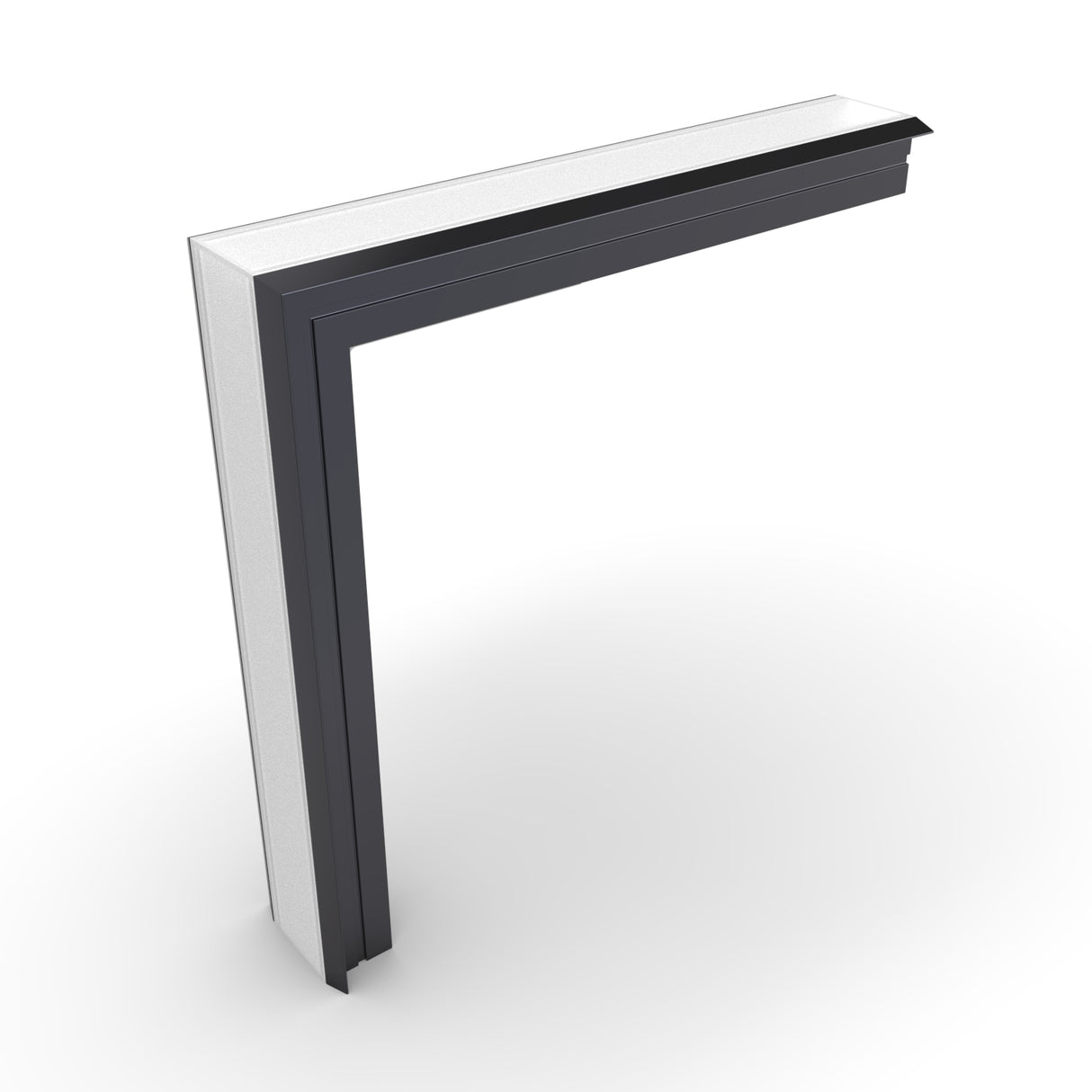 A 3D-rendered image of the 90 Degree Connector for Berlin Profile in black and white, featuring a modern, minimalist L-shaped design, shown against a plain white background.