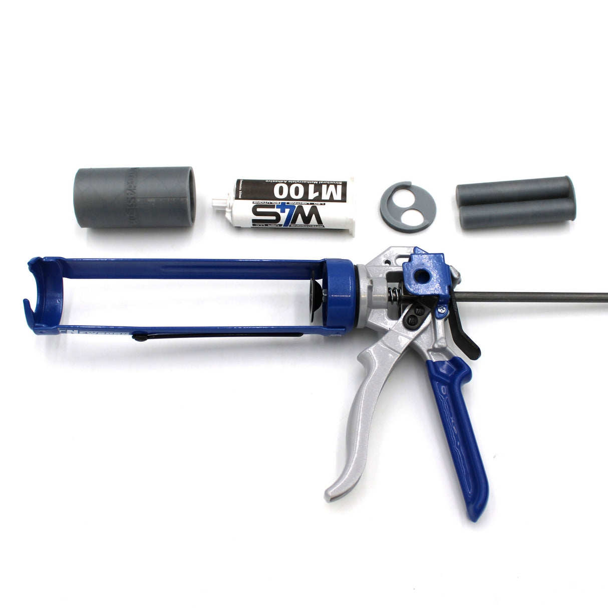A blue and silver 3D-Printed Caulking Gun Adapter for Methacrylate 50ml 1:1 Mix, with a matching adhesive cartridge, two gray cylindrical parts, and a gray washer are displayed on a white background.