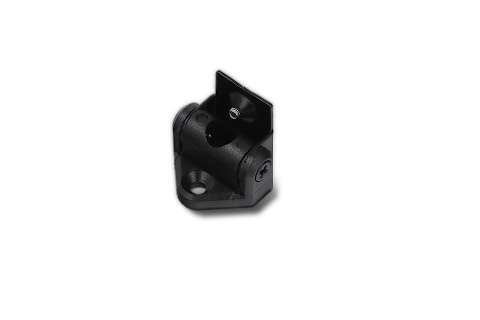 Black plastic Tilting Bracket for LED profiles, featuring an adjustable-angle central hinge and screw holes for attachment.