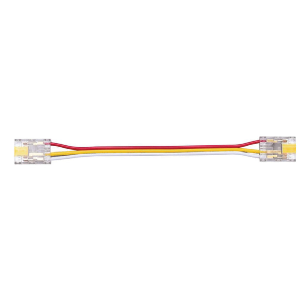 A compact 3-Pin Solderless Tunable White COB LED Strip Connector (10mm) from the UniCCT Series, featuring red, yellow, and white wires joining clear plastic connectors at both ends, displayed on a white background.