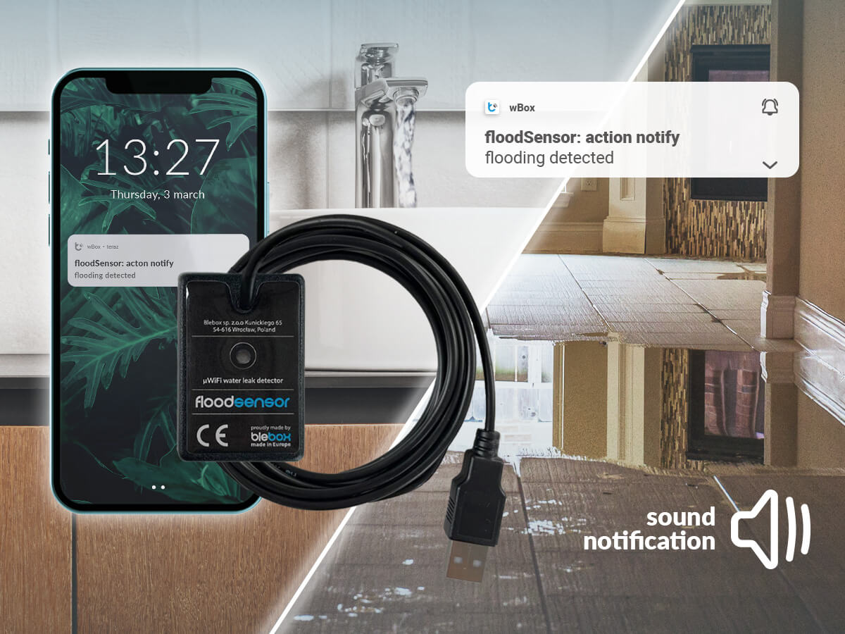 The floodSensor by BleBox, a WiFi-enabled flood and water leak detection sensor with a USB cable, is shown in front of a smartphone displaying an alert; icons indicate active detection as water floods the background.