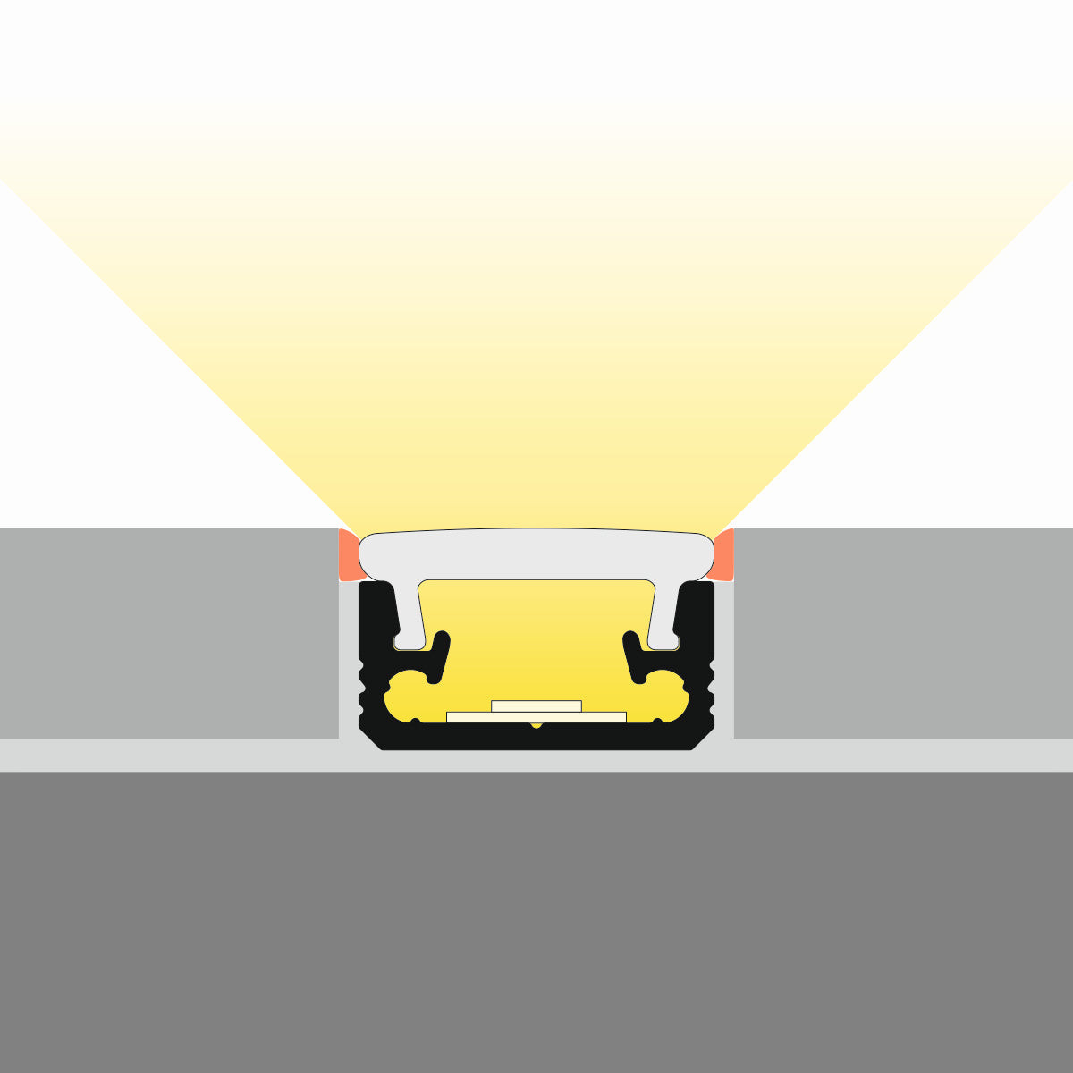 Cross-section diagram of the Recessed Walk-Over LED Channel for Tiled Floors (Model Floor8) installed between two gray layers, with aluminum extrusion, emitting yellow light upward and outward to illuminate above.