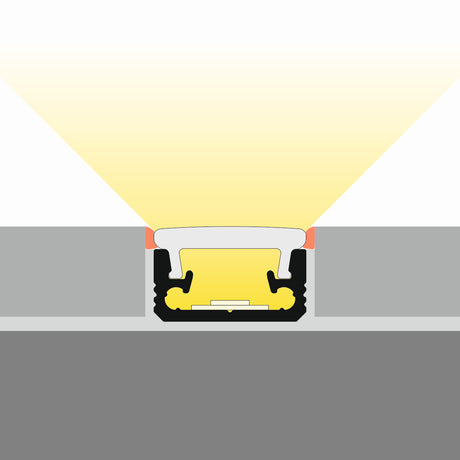 Cross-section diagram of the Recessed Walk-Over LED Channel for Tiled Floors (Model Floor8) installed between two gray layers, with aluminum extrusion, emitting yellow light upward and outward to illuminate above.