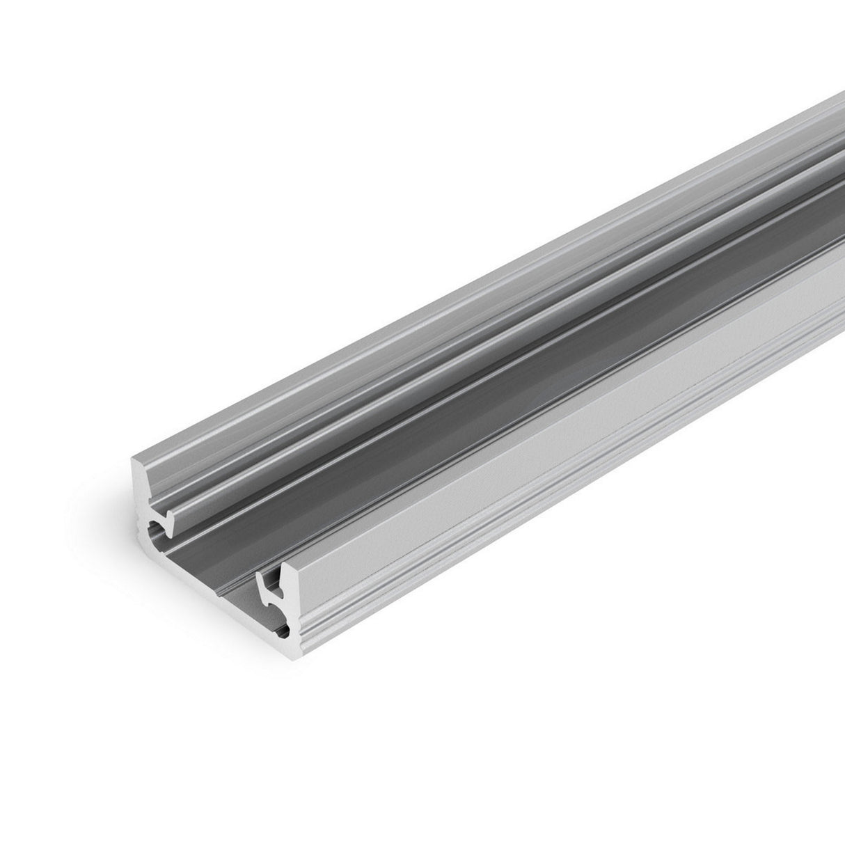 The Recessed Walk-Over LED Channel for Tiled Floors (Model Floor8) is a silver aluminum extrusion with multiple grooves and a rectangular shape, perfect for modular framing or floor lighting, shown on a white background.
