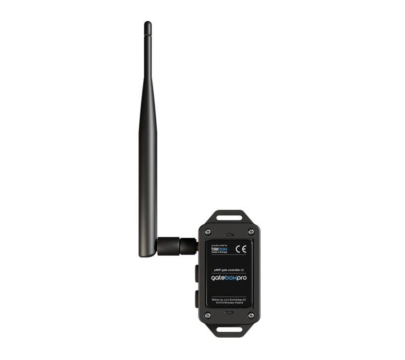 The Automatic Gate and Door Controller ~ gateBox Pro by Blebox is a rugged black device with a long antenna and small display, enabling convenient and secure remote gate control via Wi-Fi.
