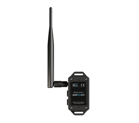 The Automatic Gate and Door Controller ~ gateBox Pro by Blebox is a rugged black device with a long antenna and small display, enabling convenient and secure remote gate control via Wi-Fi.