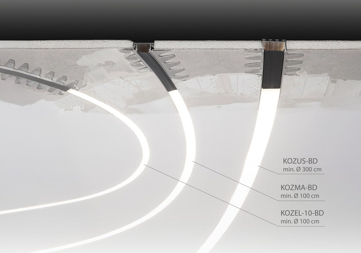 A 1.05 Bendable Drywall LED Lighting Channel (Model Klus KOZUS-BD, min. Ø 300 cm) is embedded in a white ceiling, creating stylish architectural recessed LED lighting.