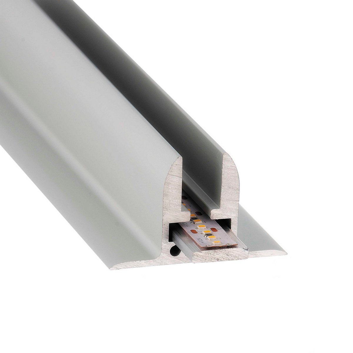 Close-up of a cross-section of the Edge-Lit LED Profile for Shelves and Signage ~ Model Ginebra, featuring an aluminum channel with frosted cover for edge lighting, designed for recessed installation in LED shelf or signage projects.