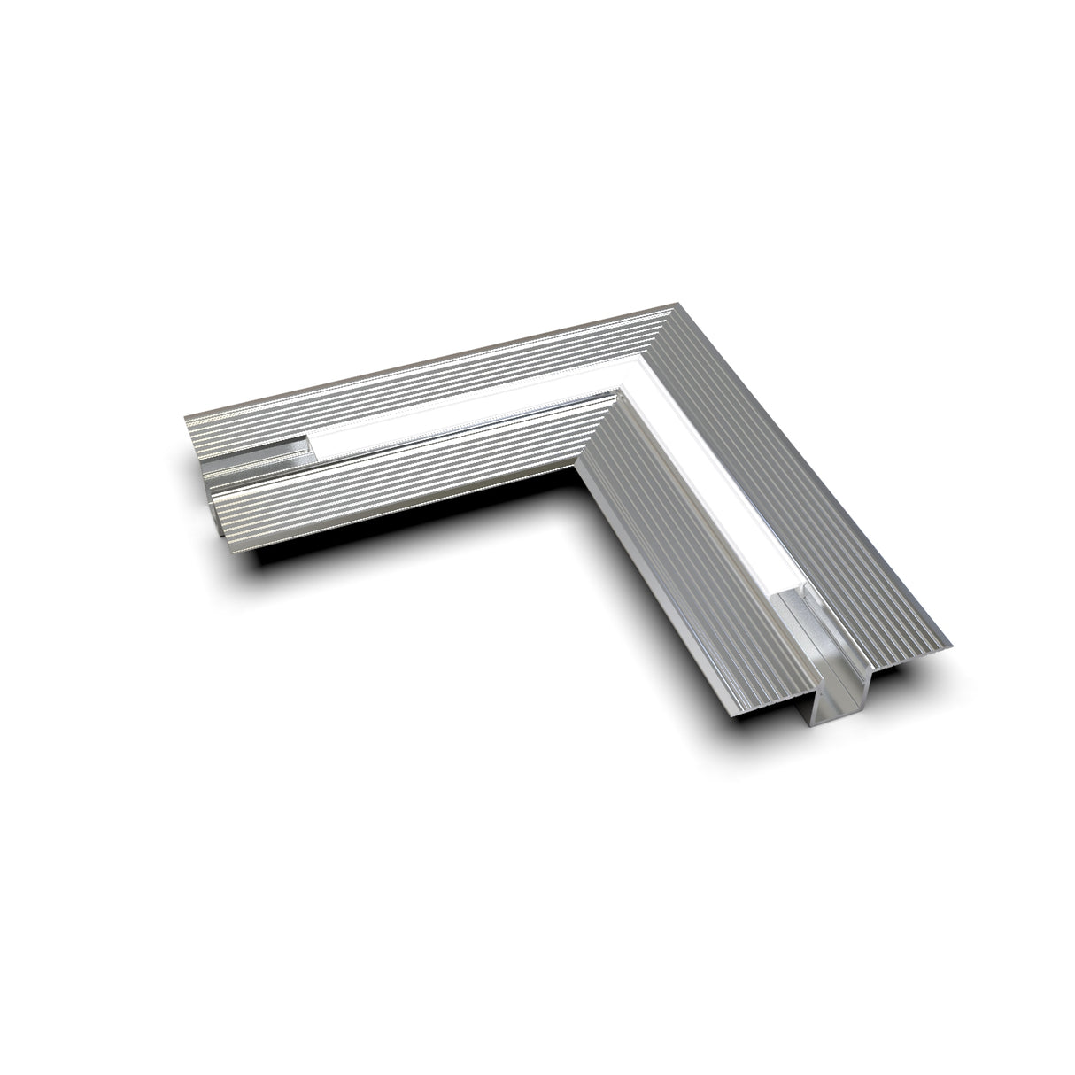 A metallic Connector for Hide10 Profile, L-shaped with a ridged surface and open channels for LED channels, shown on a white background with a slight shadow.