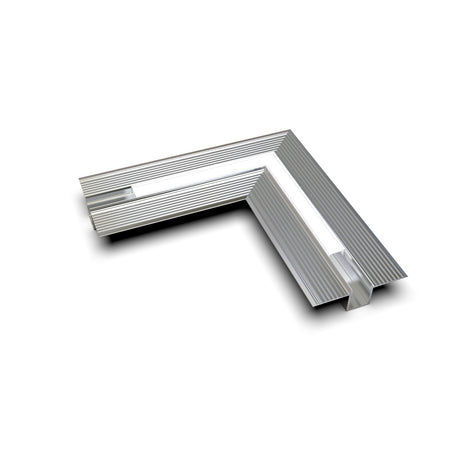 A metallic Connector for Hide10 Profile, L-shaped with a ridged surface and open channels for LED channels, shown on a white background with a slight shadow.