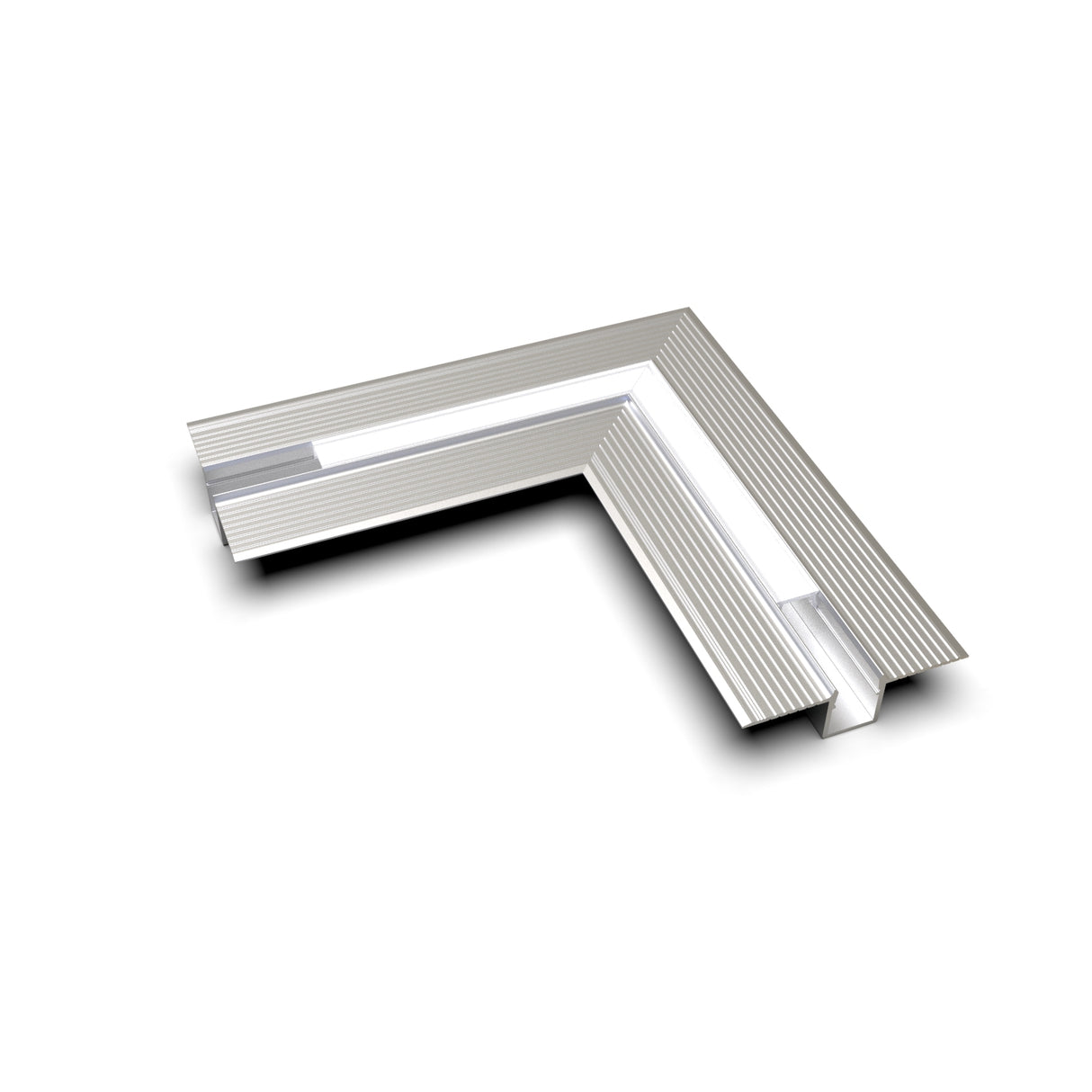 The Connector for Hide10 Profile is a metallic, L-shaped 90-degree connector with a ribbed texture and hollow inner channel, ideal for joining LED Channels or Hide10 Profile. It casts a soft shadow on a white background.