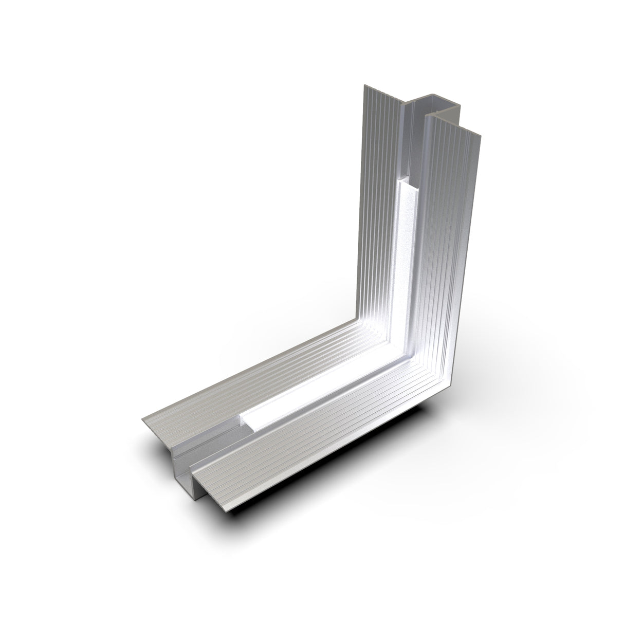 A silver metallic Connector for Hide10 Profile with ridged surfaces forms a 90-degree L-shape using two perpendicular flanges. It is designed specifically as a right-angle bracket for Hide10 Profile LED Channels, shown on a white background.