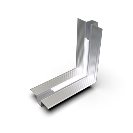 A silver metallic Connector for Hide10 Profile with ridged surfaces forms a 90-degree L-shape using two perpendicular flanges. It is designed specifically as a right-angle bracket for Hide10 Profile LED Channels, shown on a white background.