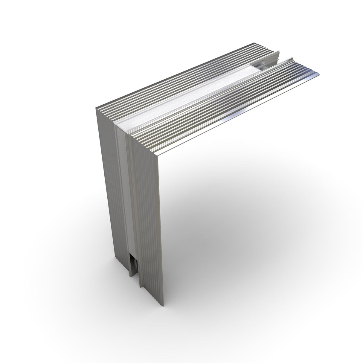 A 3D render of a modern, metallic Connector for Hide10 Profile with clean, parallel grooves, standing upright on a white background.