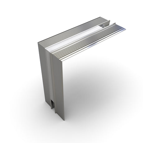 A 3D render of a modern, metallic Connector for Hide10 Profile with clean, parallel grooves, standing upright on a white background.