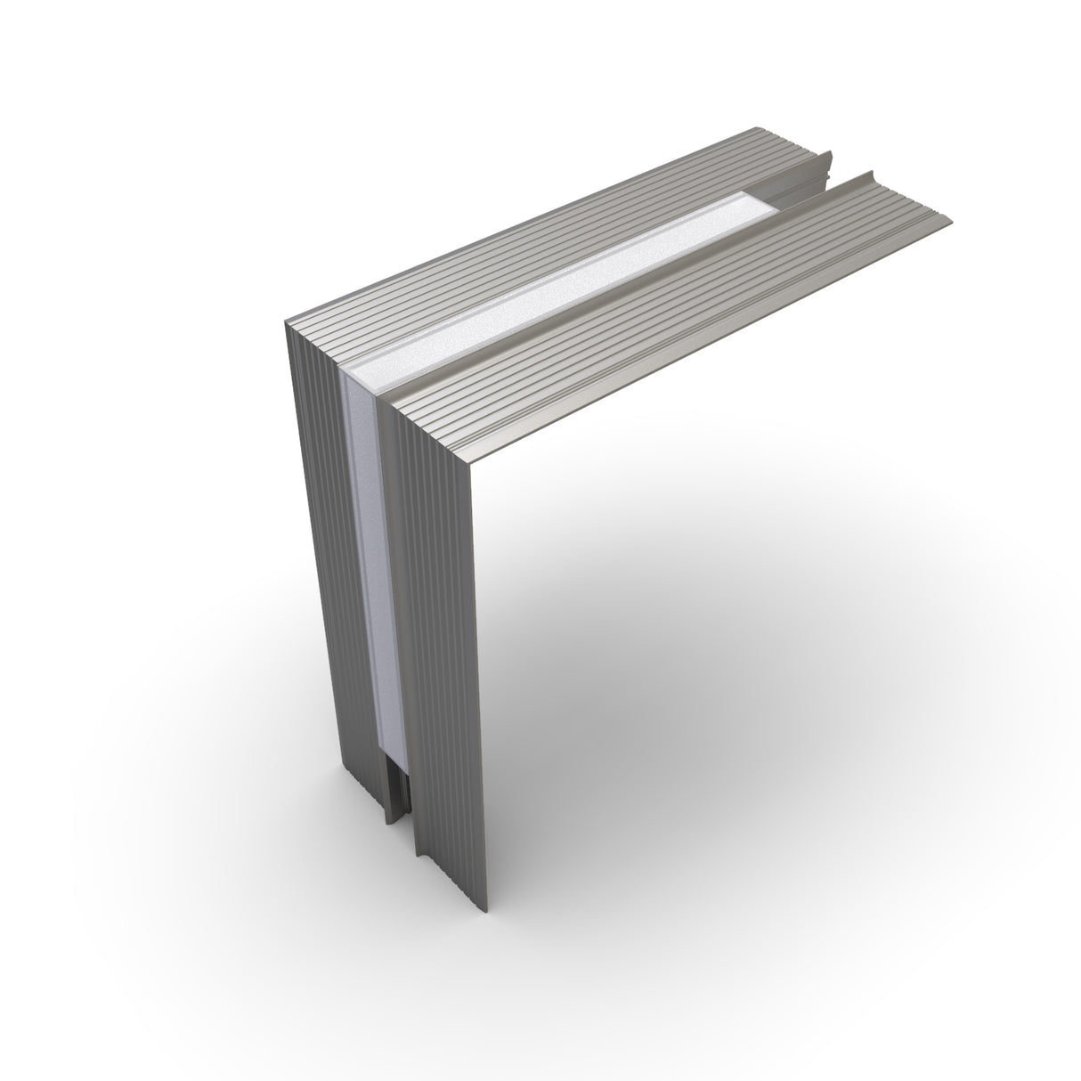 3D rendering of a Connector for Hide10 Profile, featuring an L-shaped, metallic, ridged frame with a white inner section, designed for LED channels and displayed on a plain white background.
