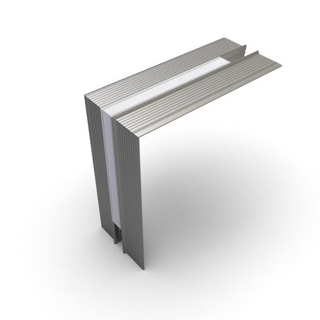 3D rendering of a Connector for Hide10 Profile, featuring an L-shaped, metallic, ridged frame with a white inner section, designed for LED channels and displayed on a plain white background.
