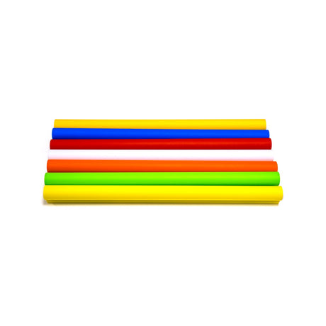 Six colorful straws—yellow, green, red, blue, red, and yellow—are lined up on a white background, resembling a playful row of Colored Border Contour Tube Light ~ Hi-Lite 30 Straight Sections.