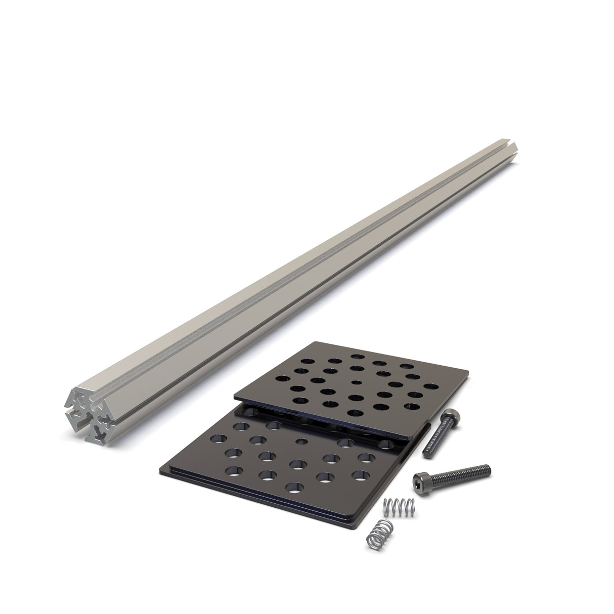 The LED Mounting Kit for Holston74 Profile with Hexagon Heatsink includes a metal extrusion bar, two black perforated plates, two screws, and two springs—perfect for mounting or installing an LED diffuser tube.