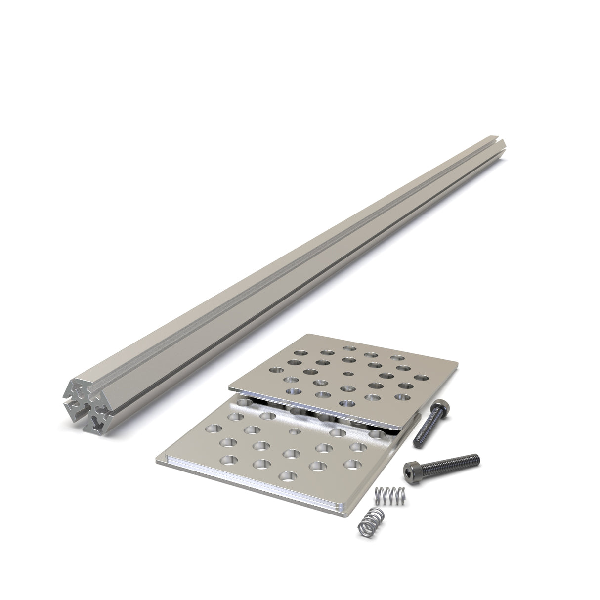 A metal extrusion bar, two perforated metal plates, screws, and a small spring are arranged on a white surface, displaying components from the LED Mounting Kit for Holston74 Profile with Hexagon Heatsink.