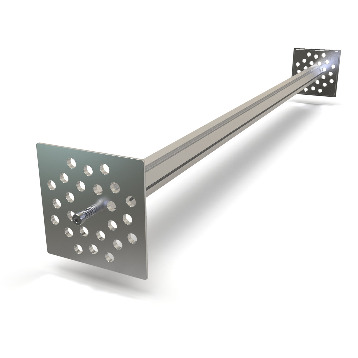A long metal rod with square plates featuring multiple holes and a central bolt, designed for use with the LED Mounting Kit for Holston74 Profile with Hexagon Heatsink. Perfect for installations requiring depth and stability.