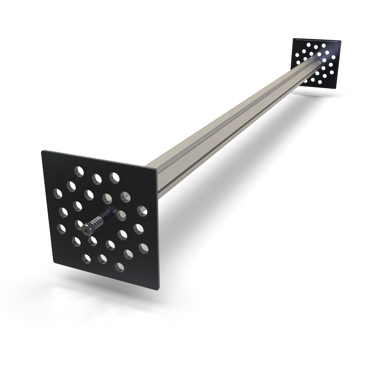 The LED Mounting Kit for Holston74 Profile with Hexagon Heatsink features a long metal rod with square plates at each end, each plate having a grid of circular holes and a central screw, shown from an angled view.