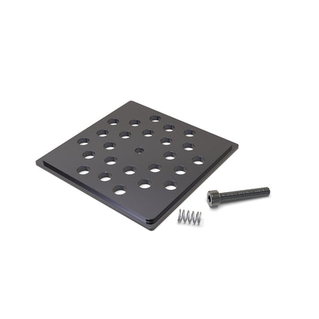 The image shows the Aluminum End Cap for Holston74 Profile for Hexagon Heatsink, featuring a metal plate with circular holes, a coiled spring, and a metal screw on a white background.