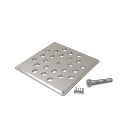 An Aluminum End Cap for the Holston74 Profile for Hexagon Heatsink is shown alongside a metal spring, a screw, and an LED heatsink, all arranged on a white background.