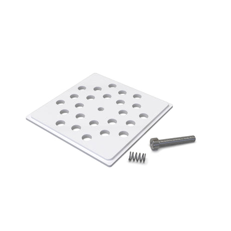 The Aluminum End Cap for Holston74 Profile for Hexagon Heatsink is a white square plate with multiple circular holes, a metal bolt, and a small spring, shown against a clean white background.