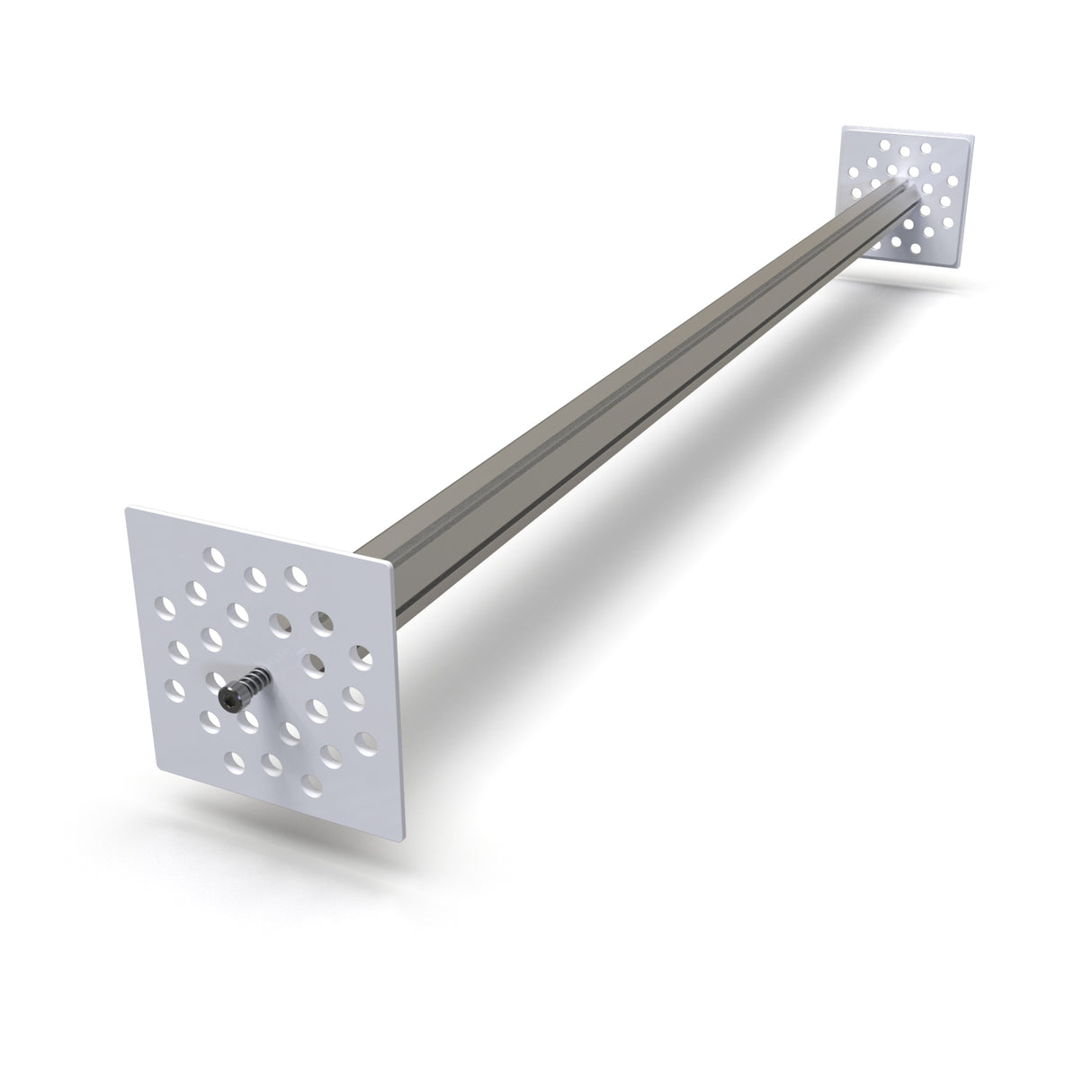 The LED Mounting Kit for Holston74 Profile with Hexagon Heatsink features a metal support rod, square perforated plates on each end, and a central threaded bolt, shown against a white background.