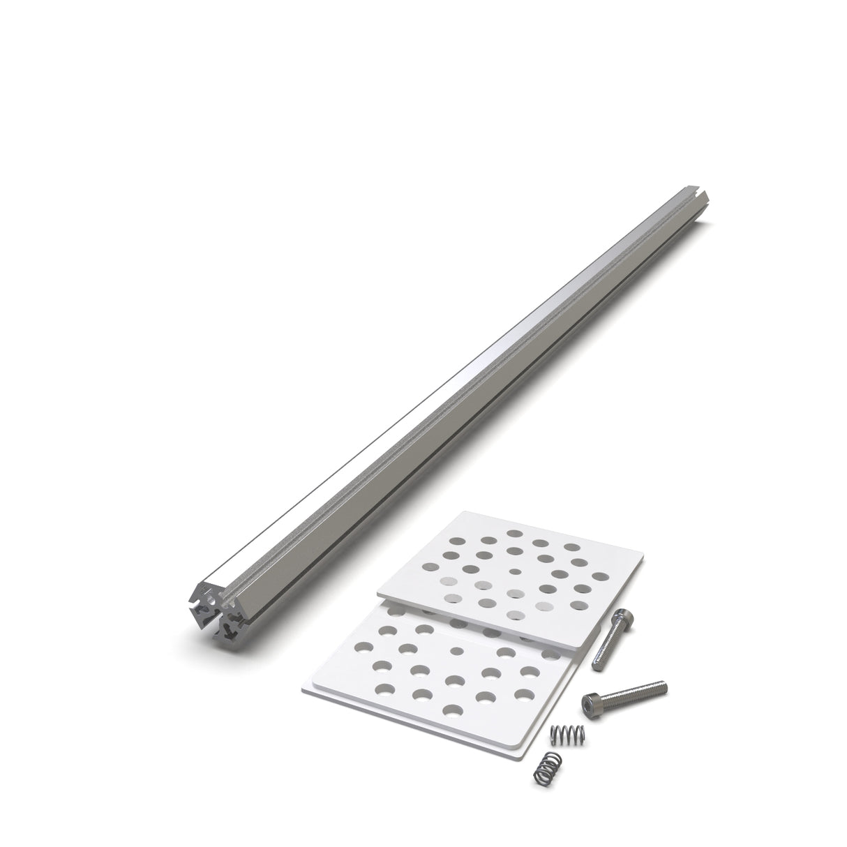 The LED Mounting Kit for Holston74 Profile with Hexagon Heatsink is displayed, featuring two perforated plates, two screws, and two springs neatly arranged on a white background.