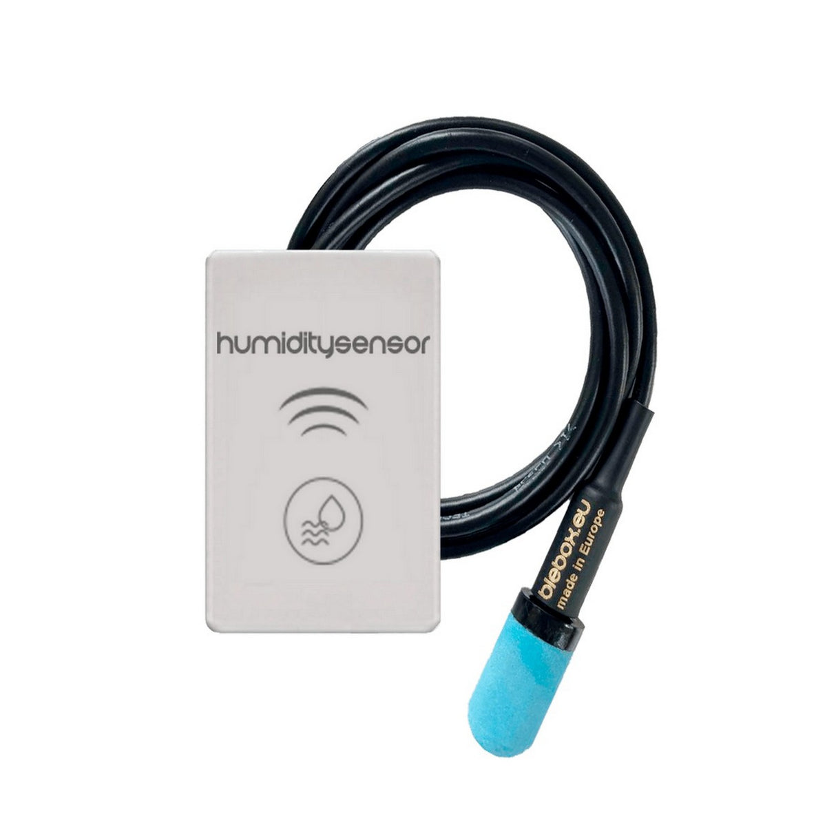 The Smart Wi-Fi Air Temperature and Humidity Sensor ~ humiditySensor by Blebox is a rectangular white module with a blue-tipped probe, offering reliable temperature and humidity monitoring for precise control.