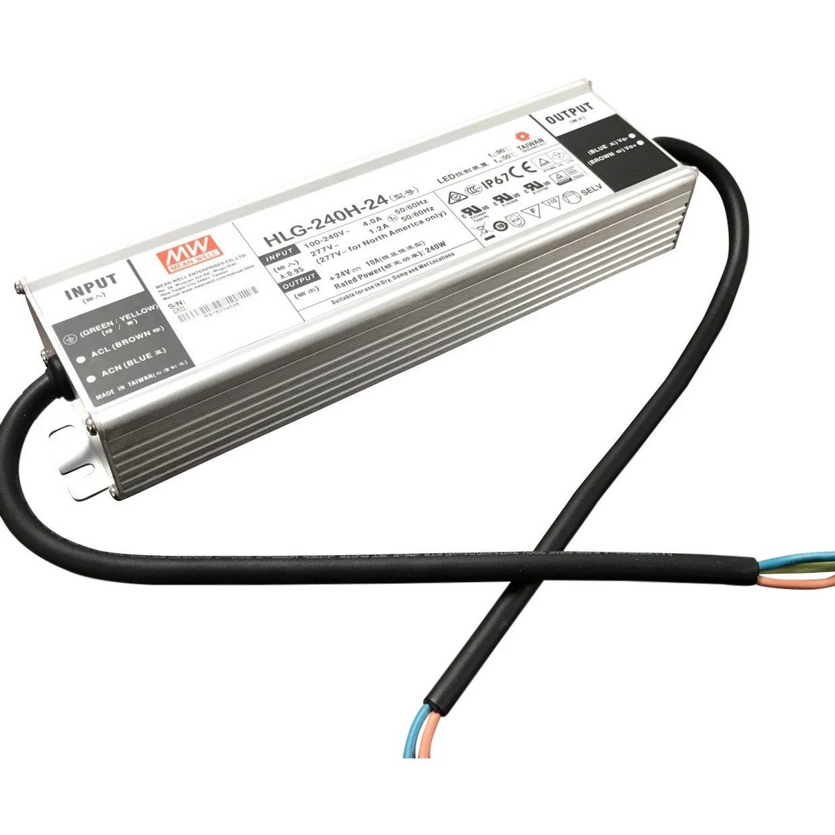 The Indoor / Outdoor LED Driver (24V) ~ Meanwell HLG Series is a rectangular metal power supply with black input/output cables, high efficiency, IP67/IP65 protection, and specs and certification icons on top.