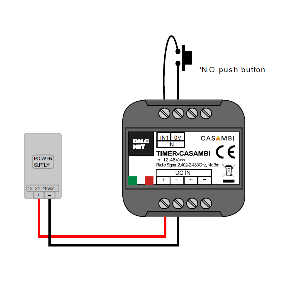Wiring diagram for the Smart Real-Time Clock Module for Casambi (Model TIMER-CASAMBI) connected to a 12–24VDC power supply and N.O. push button, enabling Bluetooth or Casambi circadian rhythm lighting control.