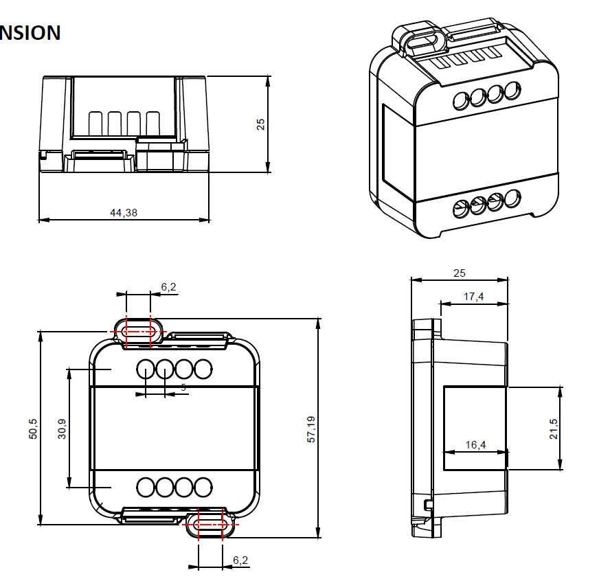 Technical drawing of the Smart Real-Time Clock Module for Casambi (Model TIMER-CASAMBI) with front, side, and top views; measurements: width 44.38 mm, height 57.19 mm, depth 25 mm; compatible with Casambi circadian lighting control.