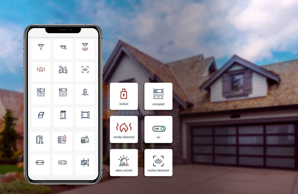 A 2-Channel Smart Wi-Fi Input Status Module ~ inputSensorD by Blebox shows sensor monitoring and home automation status icons on a smartphone screen, with a blurred modern house exterior and garage in the background.