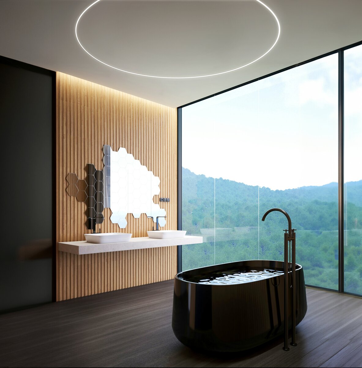 Modern bathroom featuring a freestanding black tub, double sinks, geometric mirrors, wood panel wall, large window with green hill views, and 0.8 Bendable Drywall LED Lighting Channel (Klus KOZMA-BD) highlighting the minimalist design.