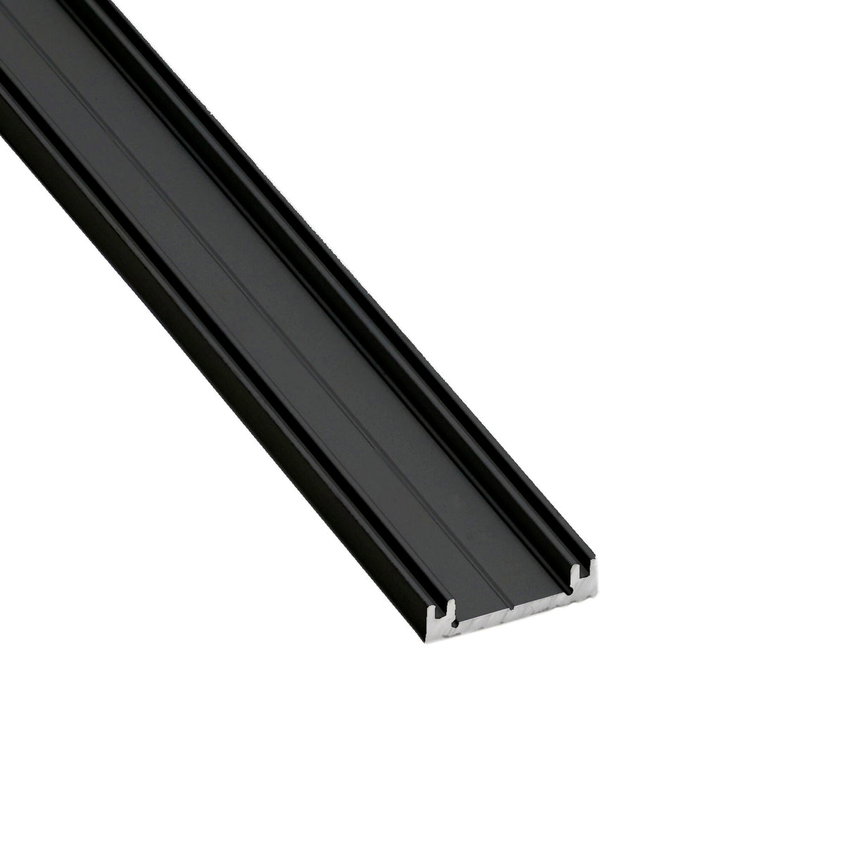 The Ultra Thin Bendable LED Strip Channel ~ Model Milano Slim, in black with a U-shaped design, is shown on a white background. Ideal for mounting or housing LED strip lights, it offers a sleek solution for modern lighting setups.