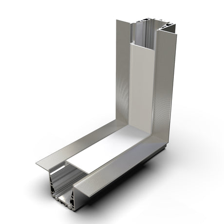 A 3D-rendered image of the 90 Degree Connector for RPL35US Profile, showing its aluminum body with smooth metallic finish and multiple channels and grooves, displayed on a white background.